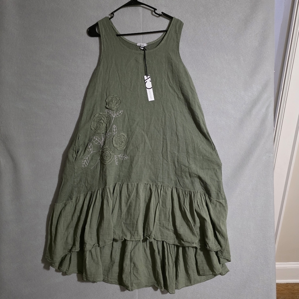 NWT Cristina Vergani Green Floral Embroidered Linen Blend Midi Dress Size Small